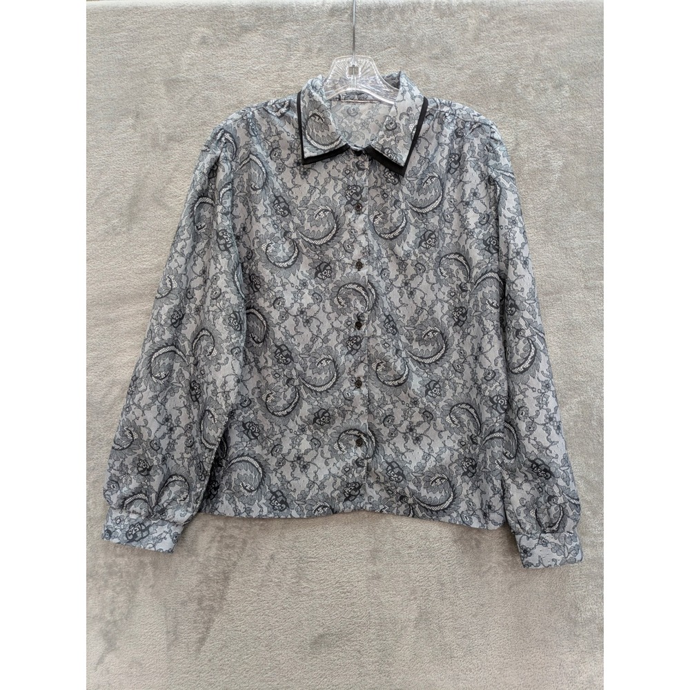 Gothic Lace Print Button Up Blouse Womens XL Grey Black Floral Paisley Grunge